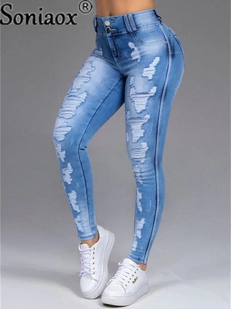 Women Pants High Stretch Jeans High Waist Skinny Ripped Vintage Hole Slim Large Full Length Distressed Trousers 2021-THAT FASHION STORE