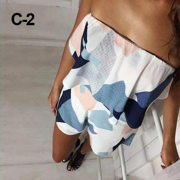 Spring & Summer Strapless V-neck One Line Collar Ruffle Edge Striped Printed Loose Jumpsuit Strap Women Romper Feminin Elegantes-THAT FASHION STORE