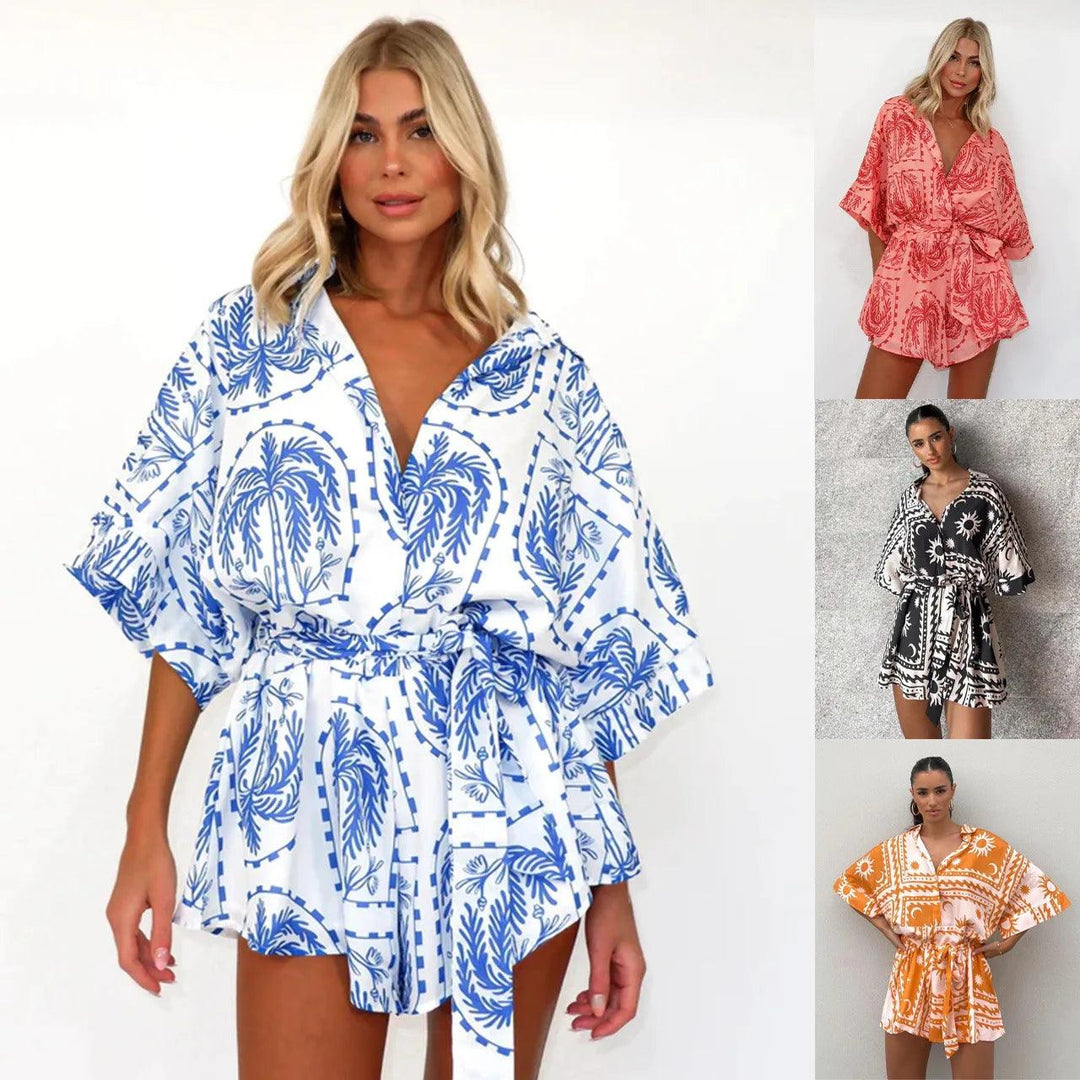 Fashion Printed Chic Jumpsuits Shorts Summer Women V-neck Casual Beach Vacation High Waist Leace-up Bodysuits Fashion Streetwear-THAT FASHION STORE