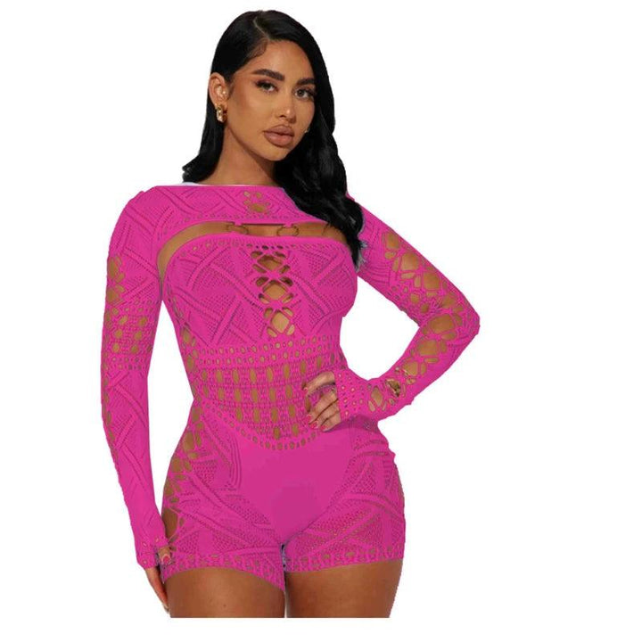 Sexy See Through Mesh Playsuit Women Rompers Long Sleeve Hollow Out Skinny Night Club Outfit One Pieces Jumpsuit Shorts Bodysuit-THAT FASHION STORE