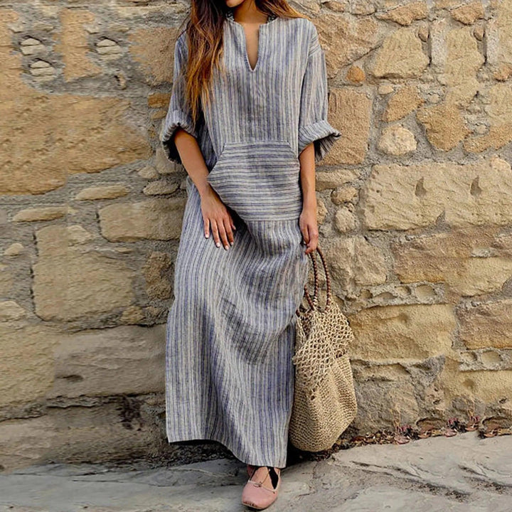 Women'S Summer Dresses Cotton Linen Dresses V Neck Half Sleeve Pocket Yarn Dyed Dress Comfy Striped Loose Long Dress-THAT FASHION STORE