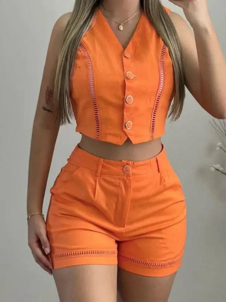 Sexy Two Piece Sets Women Outfit 2024 Summer Hollow Buttons Sleeveless V-Neck Vest Top & Pocket Shorts Set Solid Matching Set-THAT FASHION STORE