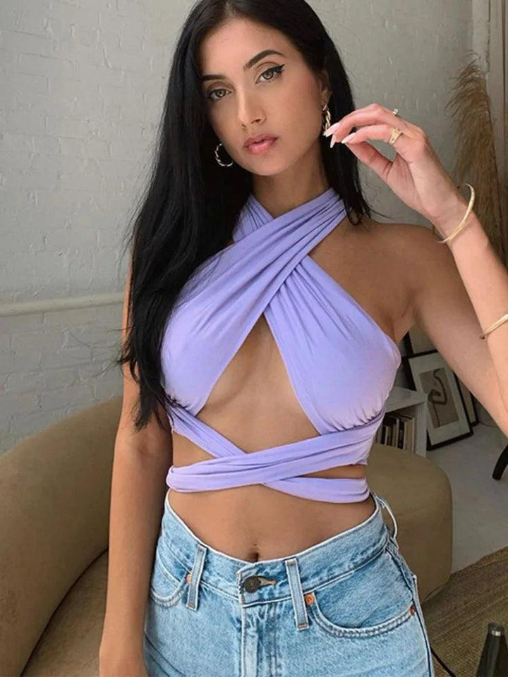 Women Strappy Cross Over Front Cut Out Halter Neck Sleeveless Backless Wrap Crop Top Bandage Vest Summer Sexy Tops Woman Clothes-THAT FASHION STORE