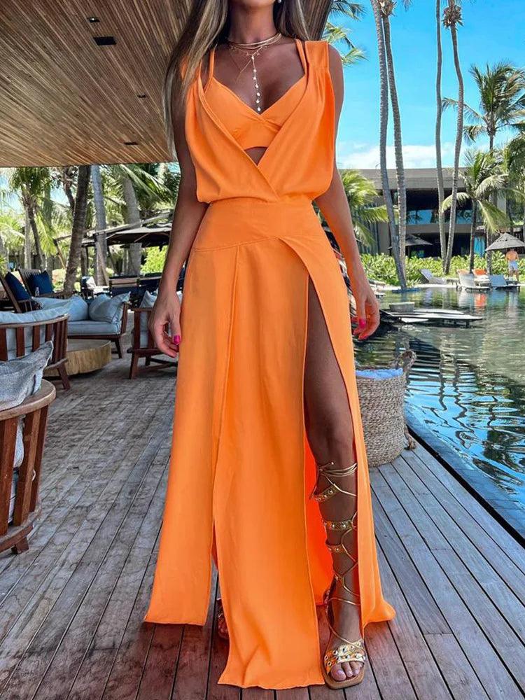 Sexy Vest And Maxi Dress Women Outfits Summer Women Beach Loose Two Piece Set Lady Patchwork Short Tops And Skirt Matching Suit-THAT FASHION STORE