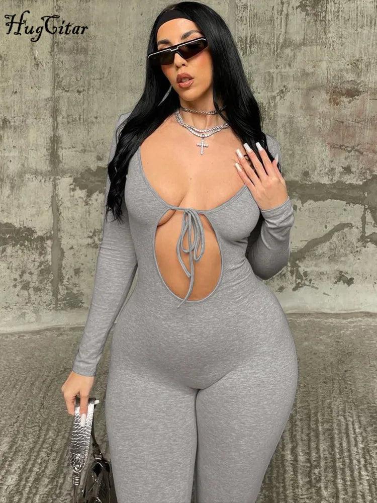 Hugcitar Fall Solid V Neck Long Sleeve Hollow Out Lace Up Sexy Bodycon Jumpsuit Women Fashion Streetwear Sport Romper Overalls-THAT FASHION STORE