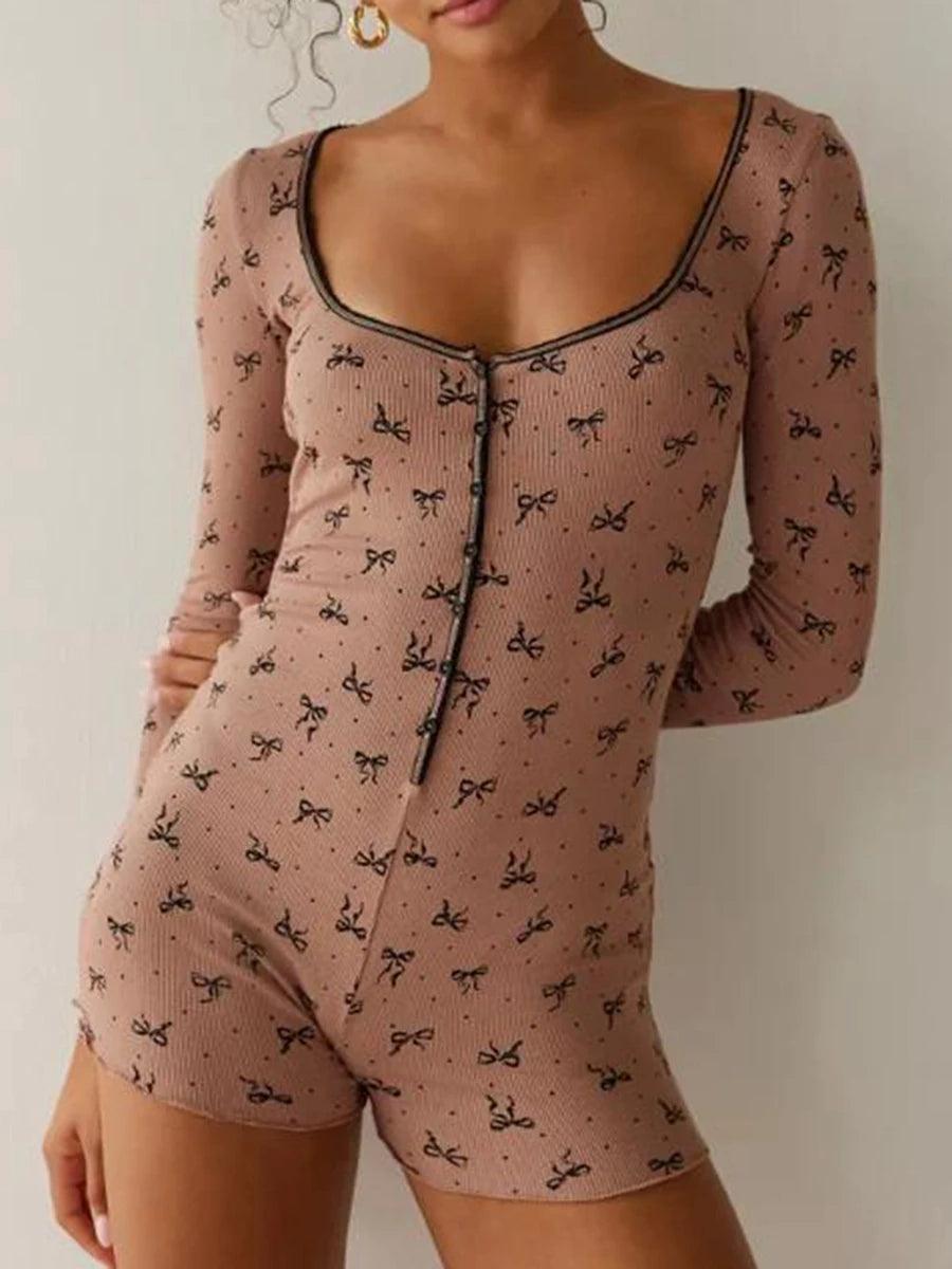 Kawaii Button Down Jumpsuit Pajamas y2k Aesthetic Bow Print Short Sleepwear Pajama Romper Female Long Sleeve Casual Overalls-THAT FASHION STORE