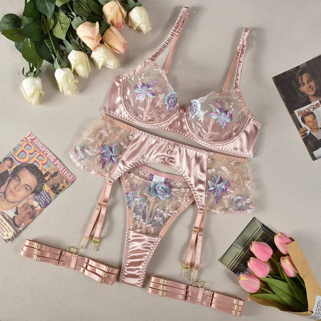 Women Sexy Lace Exotic Bra Set Flower Print See Through Bra See Through Thong Lingerie Set Underwear Costumes-THAT FASHION STORE