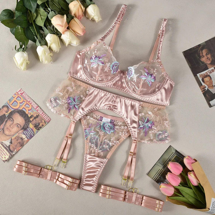 Women Sexy Lace Exotic Bra Set Flower Print See Through Bra See Through Thong Lingerie Set Underwear Costumes-THAT FASHION STORE