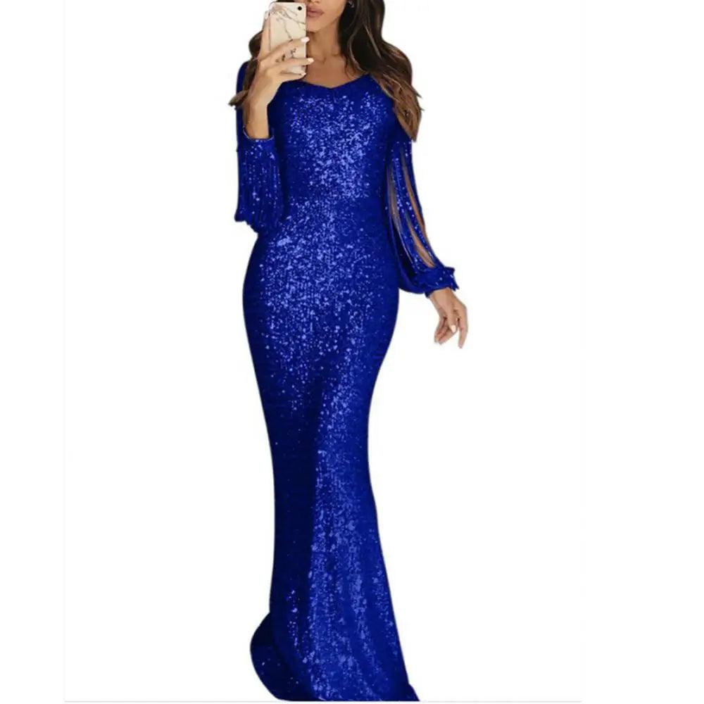 Elegant Ladies Vestidos Plus Size Chic Women Tassel Lantern Sleeve Sequined Tassel Long Sleeve V Neck Bodycon Party Maxi Dress-THAT FASHION STORE