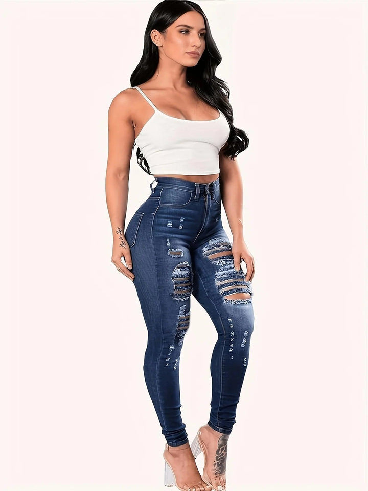 Blue Ripped Holes Skinny Jeans, Distressed High Waist Slim Fit Slash Pockets Denim Pants, Women's Denim Jeans & Clothing-THAT FASHION STORE