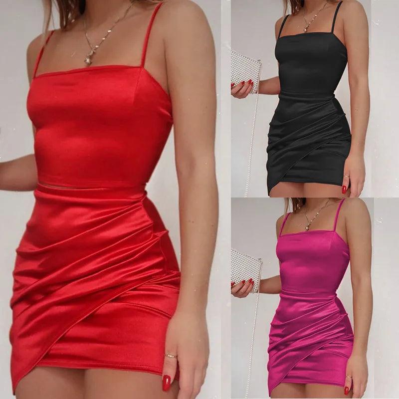 European and American 2024 Summer New Amazon Hot Selling Hanging Strap Pleated Solid Color Short Skirt Dresses for Women-THAT FASHION STORE