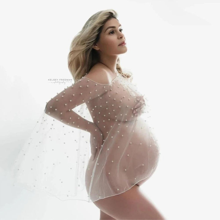 Pearl Tulle Maternity Photography Cape Boat Neck Transparent Tulle Pearls Pregnancy Photo Shoot Short Cape-THAT FASHION STORE