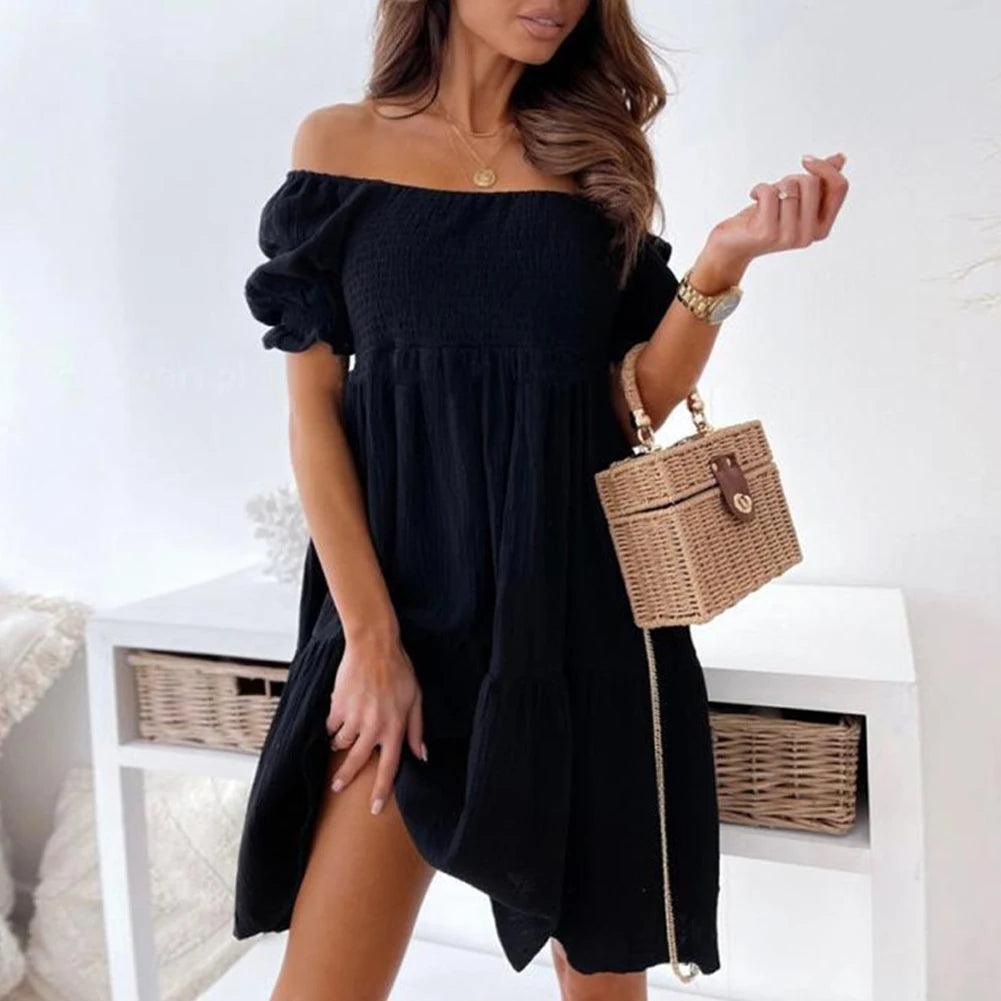 Women Sexy Dress Summer Ladies Beach Swing Off Shoulder Sundress Soild Casual Loose Pleated A-line Sun Dress-THAT FASHION STORE