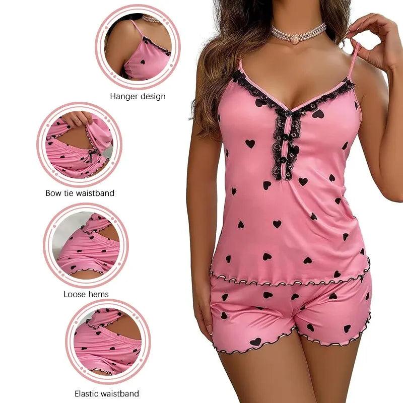 Sexy Summer Two Pieces Women Pajamas Set Deep V-Neck Tops And Shorts Pajama Suit Ladies Sleeveless Nightwear For Female-THAT FASHION STORE