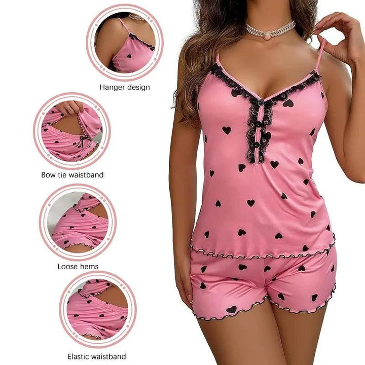 Sexy Summer Two Pieces Women Pajamas Set Deep V-Neck Tops And Shorts Pajama Suit Ladies Sleeveless Nightwear For Female-THAT FASHION STORE