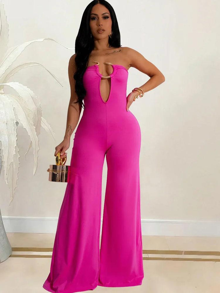 Beyprern Fashion Off Shoulder Snake Metal Jumpsuits One Piece Outfits Beautiful Strapless Hollow Out Wide Leg Rompers Overalls-THAT FASHION STORE