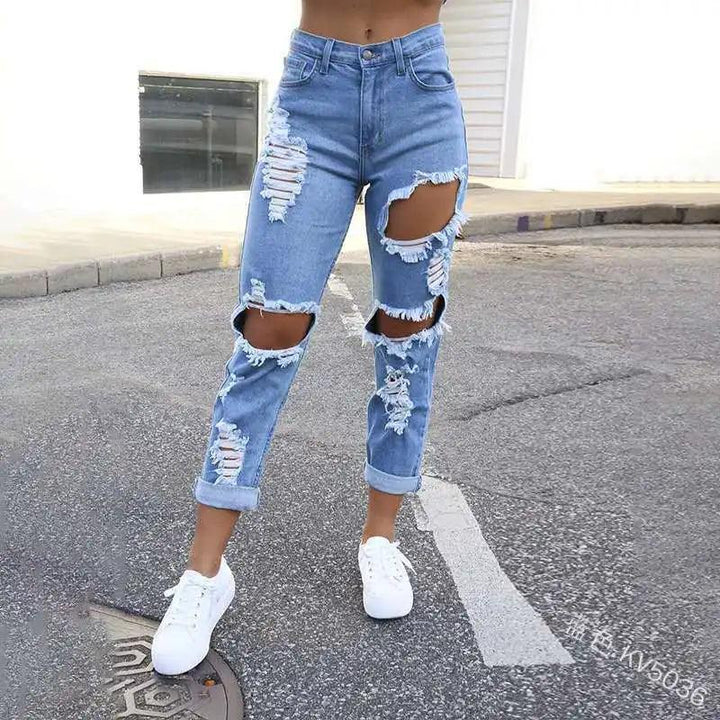 Casual Summer Ripped Hole Straight Denim Pants Y2K INS Clothes Streetwear Womens Fashion Mid Waisted Jeans-THAT FASHION STORE