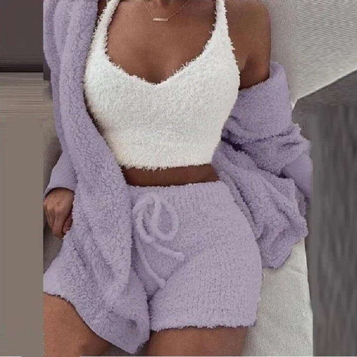 Fluffy Pajamas Set for Women Casual Sleepwear Tank Top and Shorts Plus Size Hoodie Leisure Homsuit Winter 3 Pieces Pijamas-THAT FASHION STORE