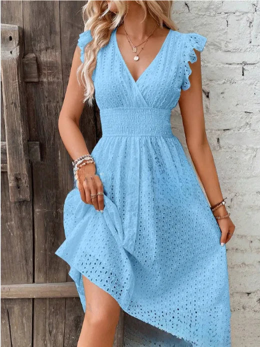 Summer Lotus Leaf Sleeves V-neck Women's Hollow Short Dress - THAT FASHION STORE