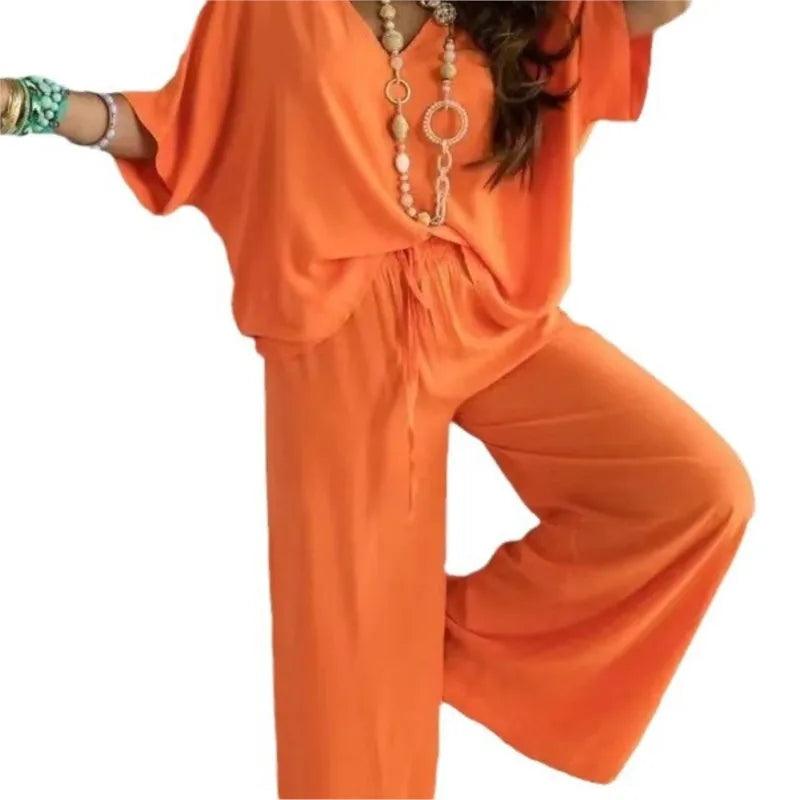 2024 Summer Pant Sets two piece sets For Women V neck Bat Sleeve Casual Loose Wide-leg Pants 2 piece set solid homewear Outfits-THAT FASHION STORE