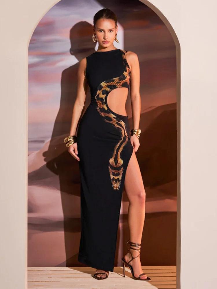 Fashion Black Snake Printed Hollow Out Long Dress Women Sexy O Neck Sleeveless High Split Slim Robes 2024 Lady Party Night Gowns-THAT FASHION STORE