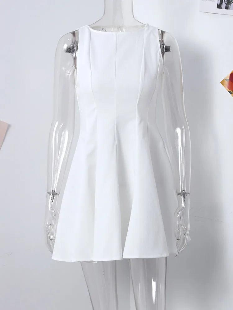 White Pleated Short Dress For Women Summer Elegant Sleeveless Slim Dresses Women Fashion O Neck 2024 New Lady Party Club Robe-THAT FASHION STORE