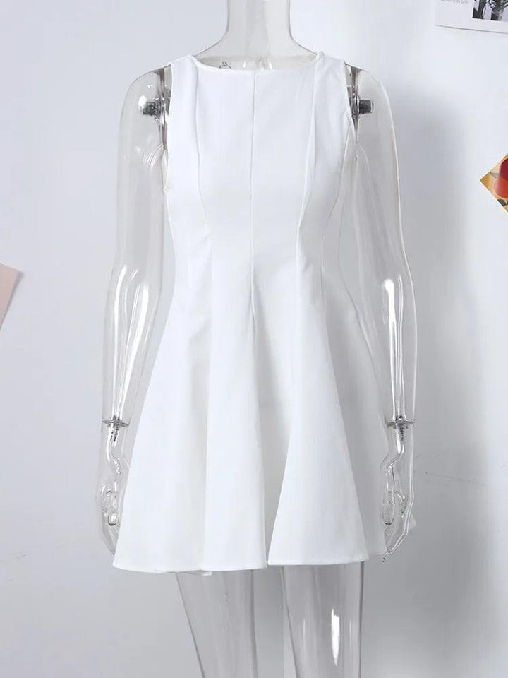 White Pleated Short Dress For Women Summer Elegant Sleeveless Slim Dresses Women Fashion O Neck 2024 New Lady Party Club Robe-THAT FASHION STORE