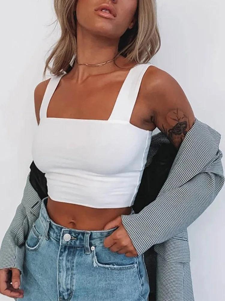 Square Neck Sleeveless Summer Crop Top White Women Black Casual Basic T Shirt Off Shoulder Cami Sexy Backless Tank Top-THAT FASHION STORE