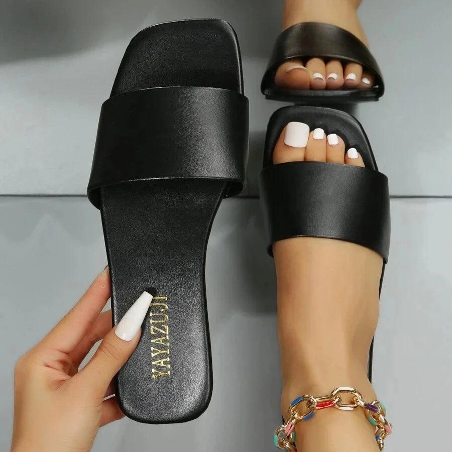 Fashion Minimalist Single Band Slide Sandals Solid Color Women Slippers 2023 Summer New Outdoor Sandy Beach Open Toe Flat Shoes-THAT FASHION STORE