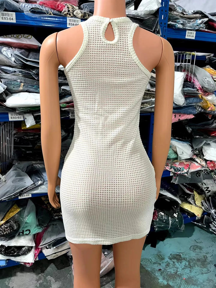 Chic Summer Mini Bodycon Dress for Women 2023 - Sleeveless O-neck with Keyhole Back in Solid Color - THAT FASHION STORE