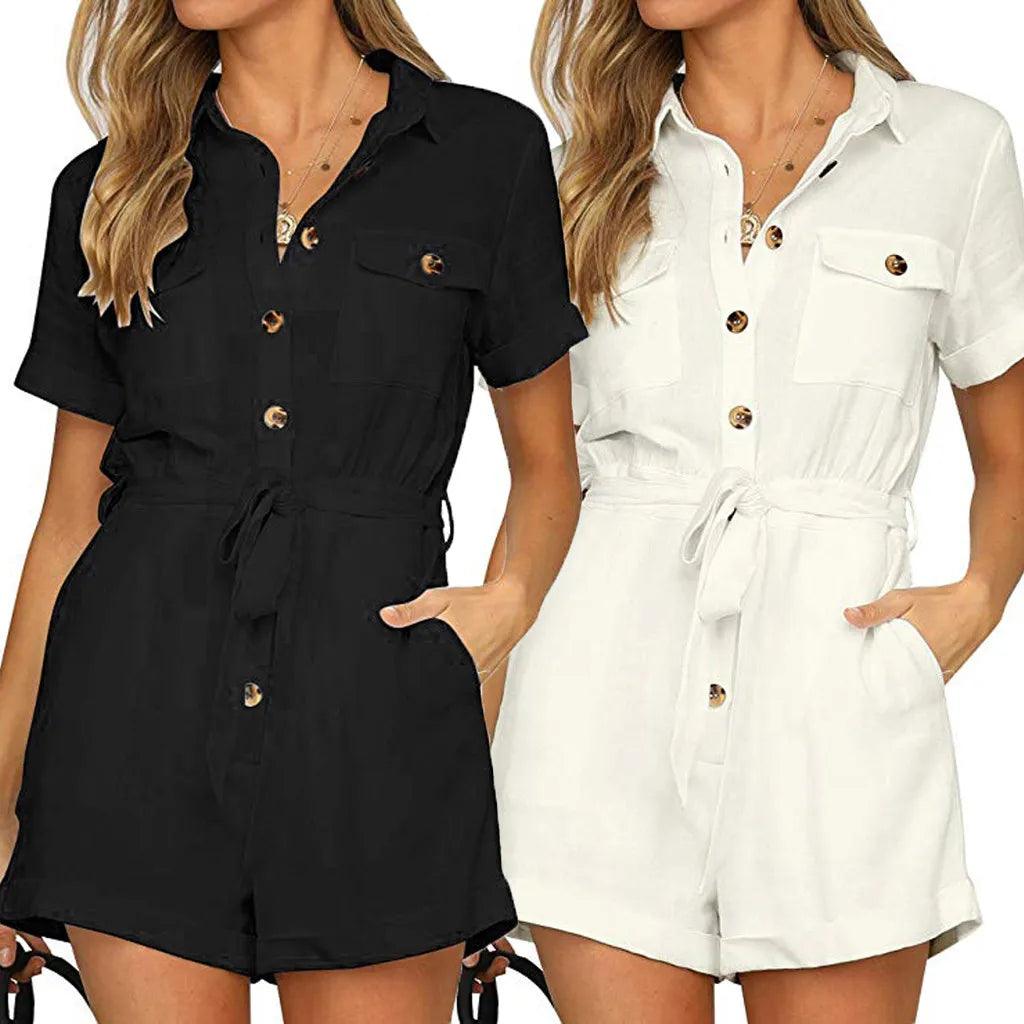 2023 Summer Casual Playsuit Women Fashion Short Sleeve Button Down Short Rompers Office Ladies Pockets Rompers Women Jumpsuits-THAT FASHION STORE