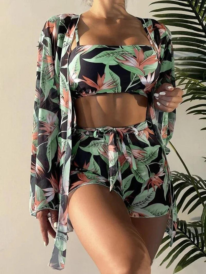 Tropical Allover Print Women's Matching Set Swimwear Sexy 4 Pieces Swimsuit Bikini Set+Shorts+Blusas Cover Up Beachwear Tankinis-THAT FASHION STORE