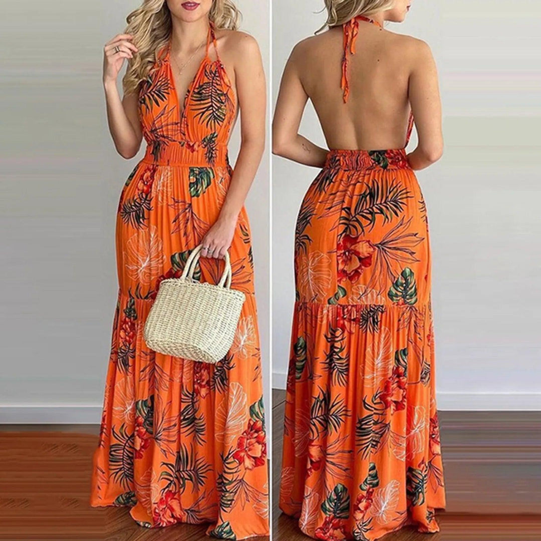 Summer Long Dress Bohemia Floral Casual Dresses Sexy Backless Halter Strapless 2023 Beach Sundress Vacation Clothes For Women-THAT FASHION STORE