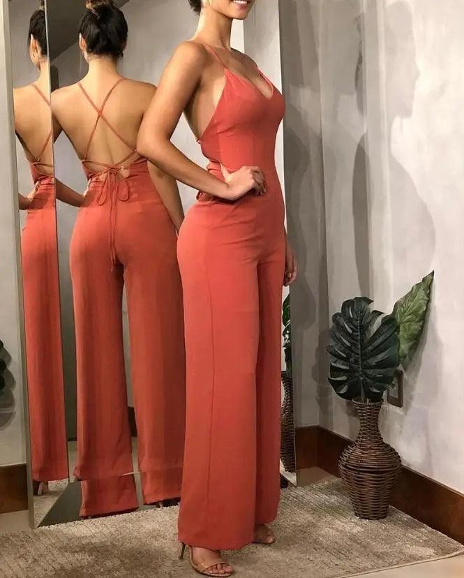 Sexy Women's Jumpsuit 2024 Spring/summer V Neck Solid Color Plain Halter Backless High Waist Loose Wide Leg Overall for Women-THAT FASHION STORE