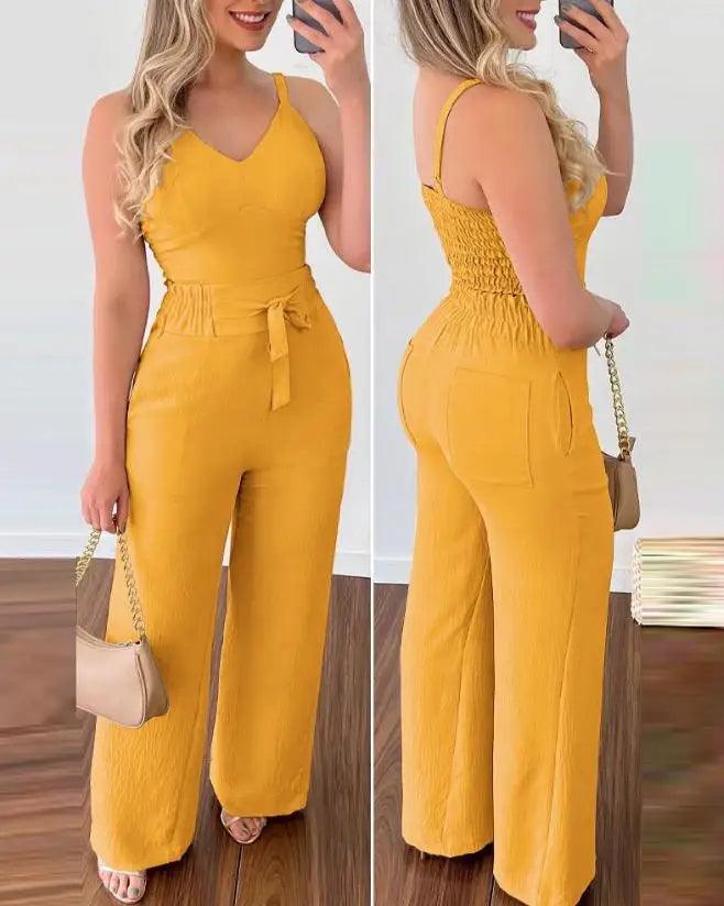 2023 Summer Woman Long Jumpsuits Elegant Sexy V-Neck Shirred Cami Top & High Waist Pants Set New Fashion Casual One Pieces-THAT FASHION STORE