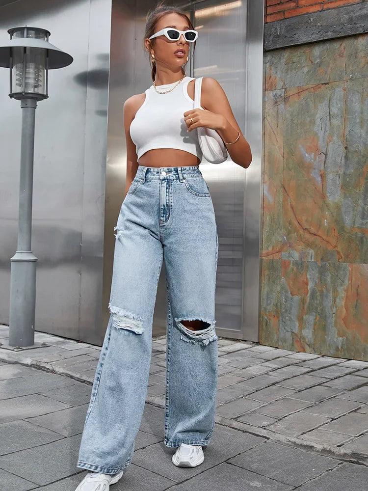 2023 Fall High Waist Straight Women's Ripped Jeans Women New Blue Denim Trousers Fashion Streetwear Wide Leg Baggy Pants Casual-THAT FASHION STORE