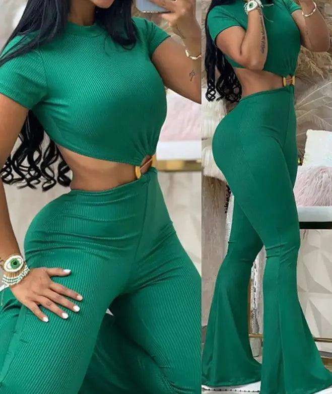 2023 Summer Woman Long Jumpsuits Elegant Sexy O-Ring Decor Cutout Short Sleeve Jumpsuit New Fashion Casual One Pieces-THAT FASHION STORE