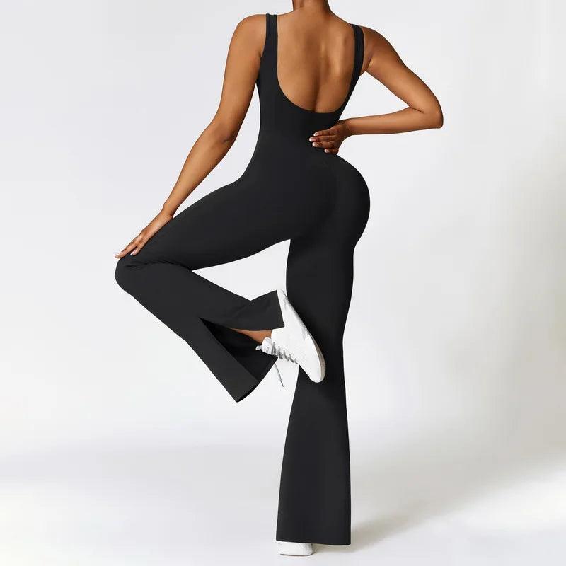 Casual Dancing Pants Streetwear Fashion Women Hollow Back Yoga Long Jumpsuit Round Neck Sleeveless Solid Color Training Outfit-THAT FASHION STORE