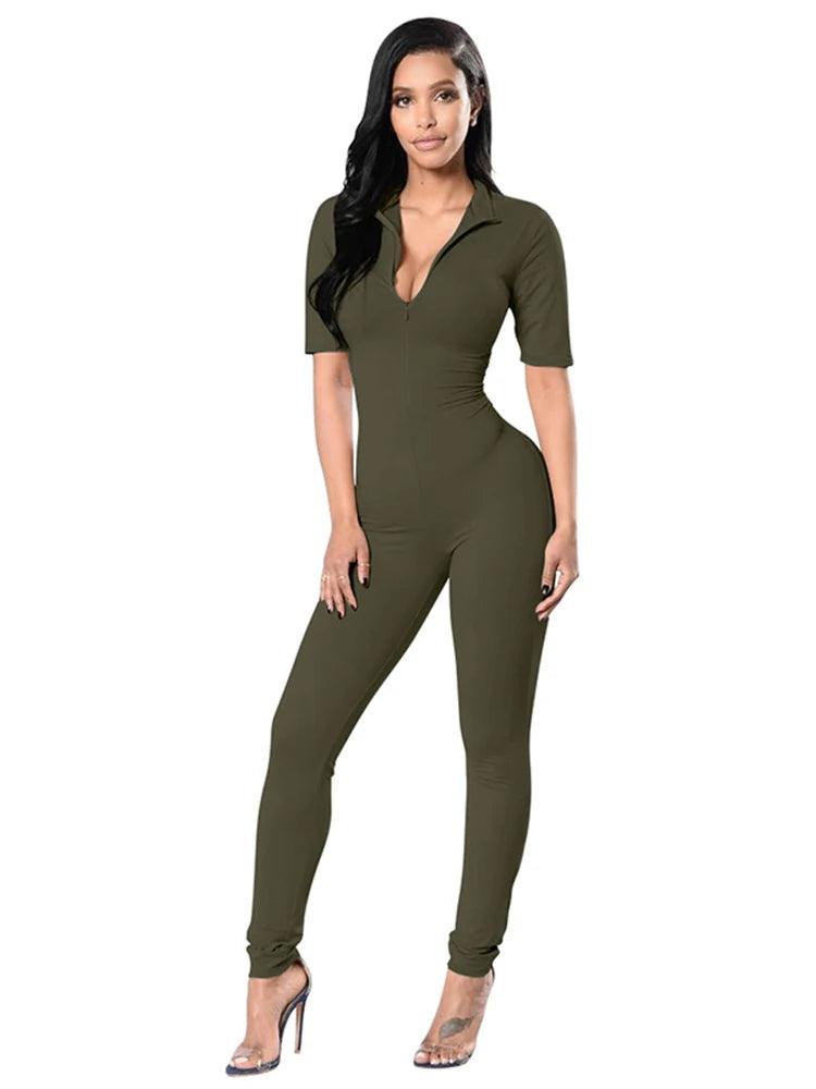 New Autumn and Winter Short Sleeve V Neck Bodycon Jumpsuit Full Lengt Rompers Women Jumpsuits-THAT FASHION STORE