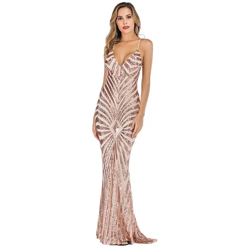 Bodycon Dress Sexy V-neck Halter Long Sequin Dress Gown Maxi Dresses Women Fashion Summer Elegant Party Evening Prom Dresses XY7-THAT FASHION STORE