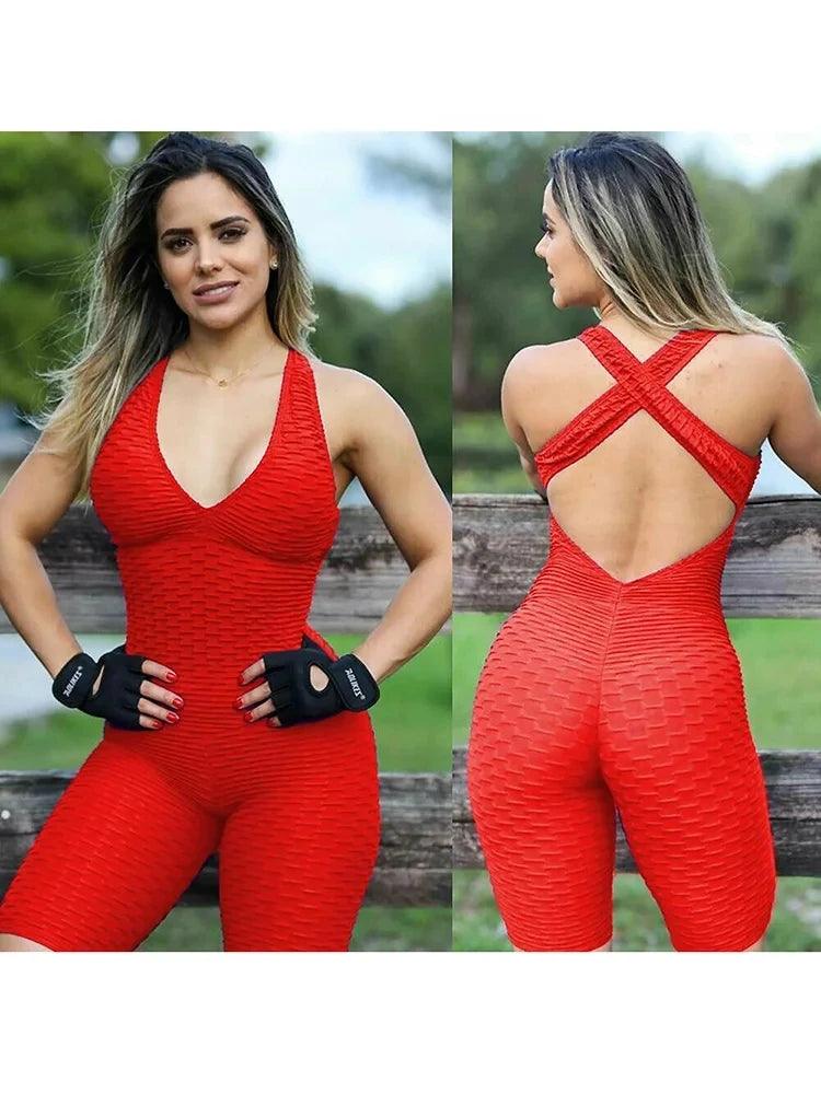 Sexy Backcross Women Bodysuit Sleeveless Textured Jumpsuit Women One Piece Gym Sport Workout Fitness Rompers For Female Summer-THAT FASHION STORE