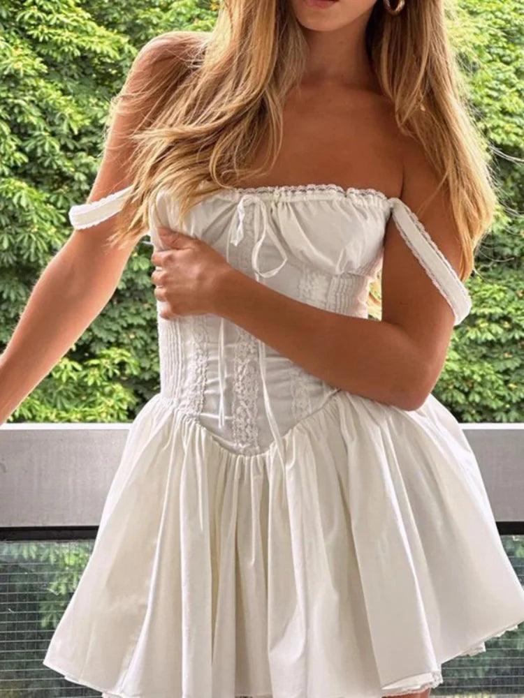 White Lace Edge Bandage Suspender Mini Dress Women Elegant Backless Pleated Laylers Hem Dresses Lady Summer Party Club Sexy Robe-THAT FASHION STORE