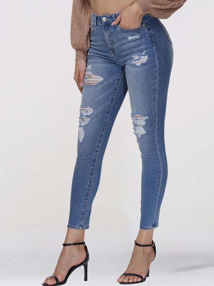 Denimcolab 2024 New Women’s Skinny Jeans With Fashion Ripped High Waist Pencil Pants Ladies Streetwear Casual Solid Hole Jeans-THAT FASHION STORE