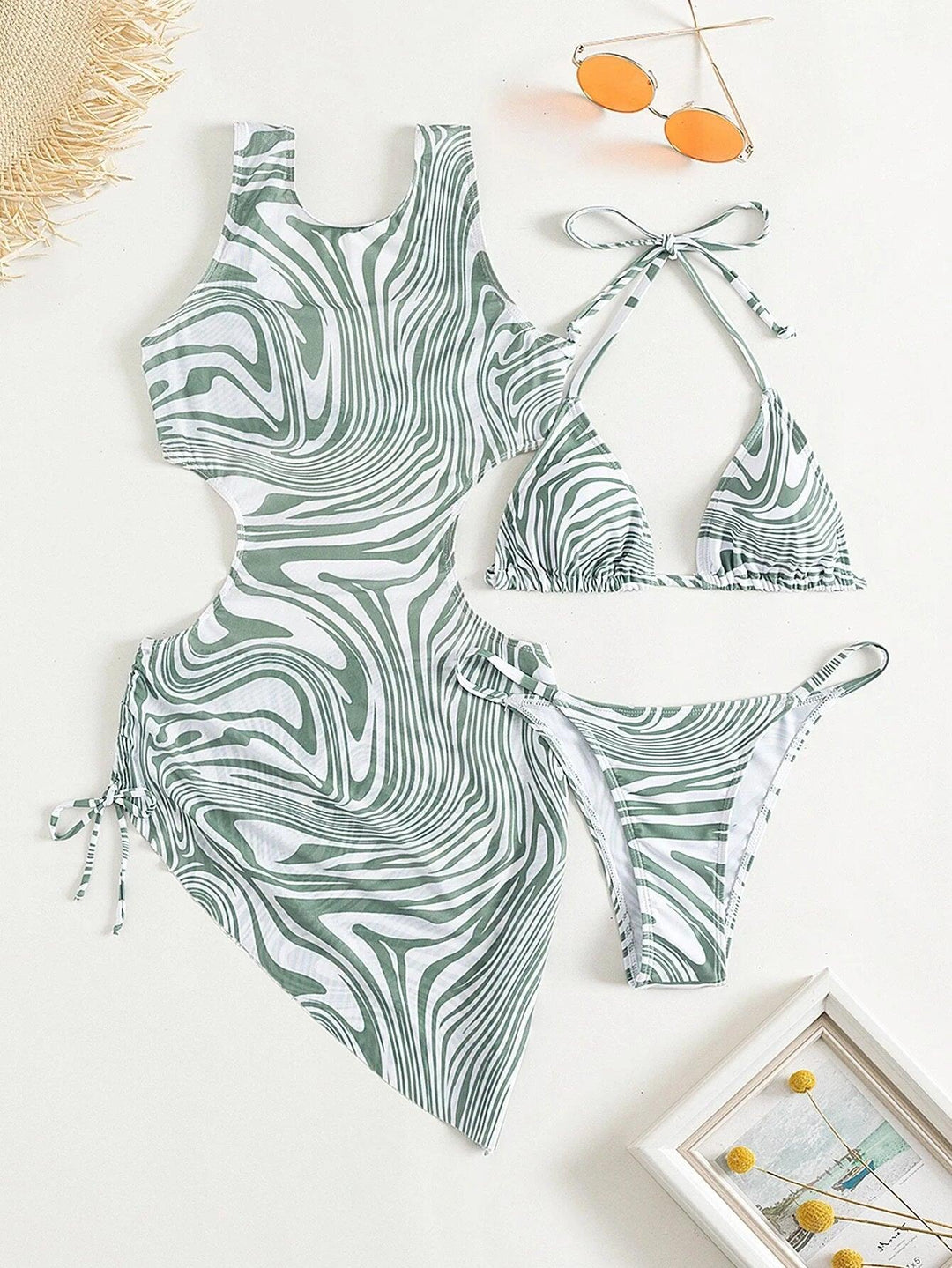 3 Pieces Graphic Print Bikini 2023 Swimsuit Women & Cut Out Cover Up Swimwear Female Beachwear Bathers Bathing Swimming Suit-THAT FASHION STORE