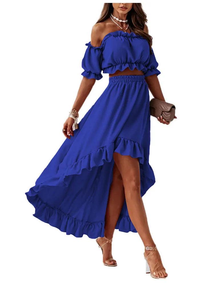 Sexy Off Shoulder Two Piece Set Women Summer Ruffle Backless Outfits Puff Sleeve Strapless Beach Party Skirts 2 Piece Sets Robe-THAT FASHION STORE