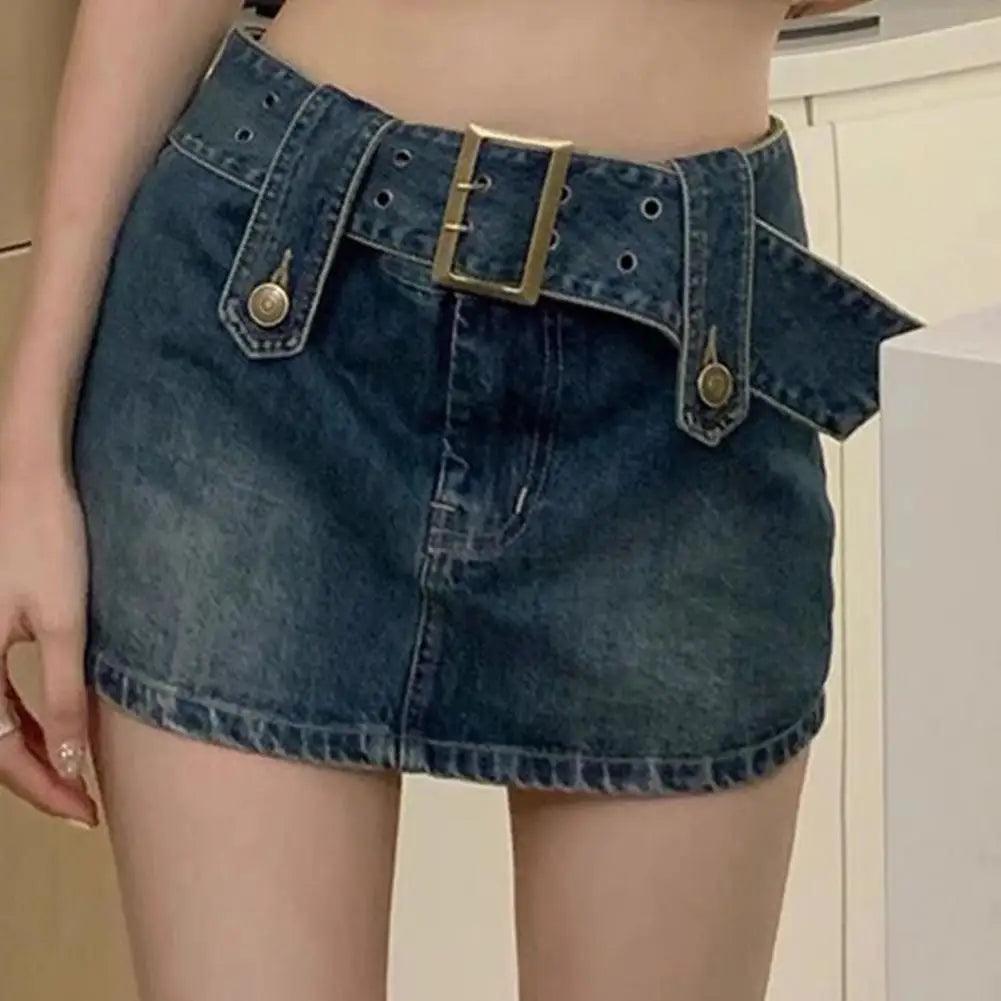 Women Skirt Denim Skort Zipper Fly Slim Mini Skort with Belt Fake Two Pieces High Waist Denim Skirt Streetwear faldas mujer-THAT FASHION STORE