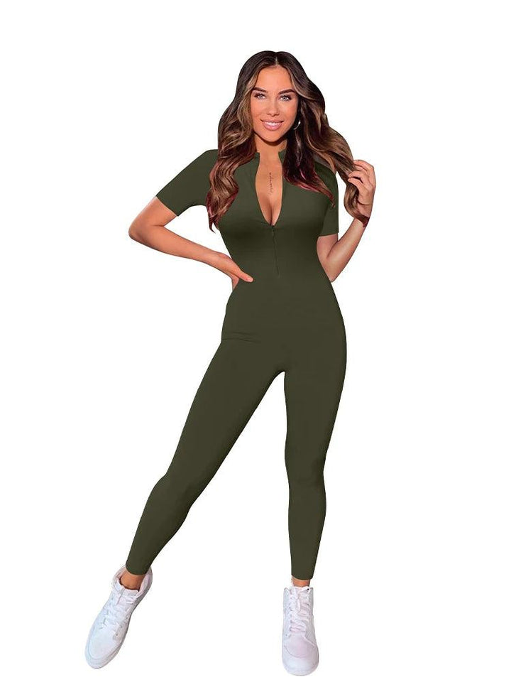 New Autumn and Winter Short Sleeve V Neck Bodycon Jumpsuit Full Lengt Rompers Women Jumpsuits-THAT FASHION STORE