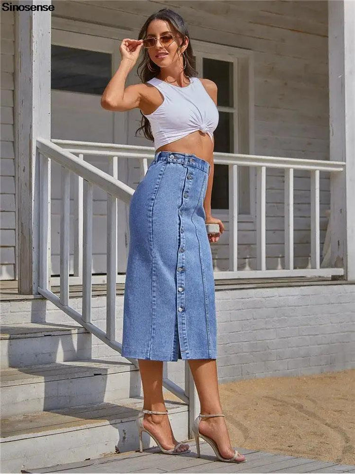 Women's Maxi Pencil Jean Skirt High Waisted A-Line Long Denim Skirts Ins Button Down Side Split Hem Stretch Blue Jean Skirt-THAT FASHION STORE