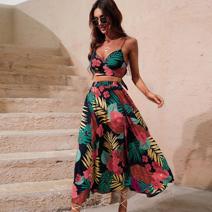 Y2K Floral Print Two-Piece Bikini Crop Top and Skirt Set for Women - Summer Boho Midi Dress - THAT FASHION STORE