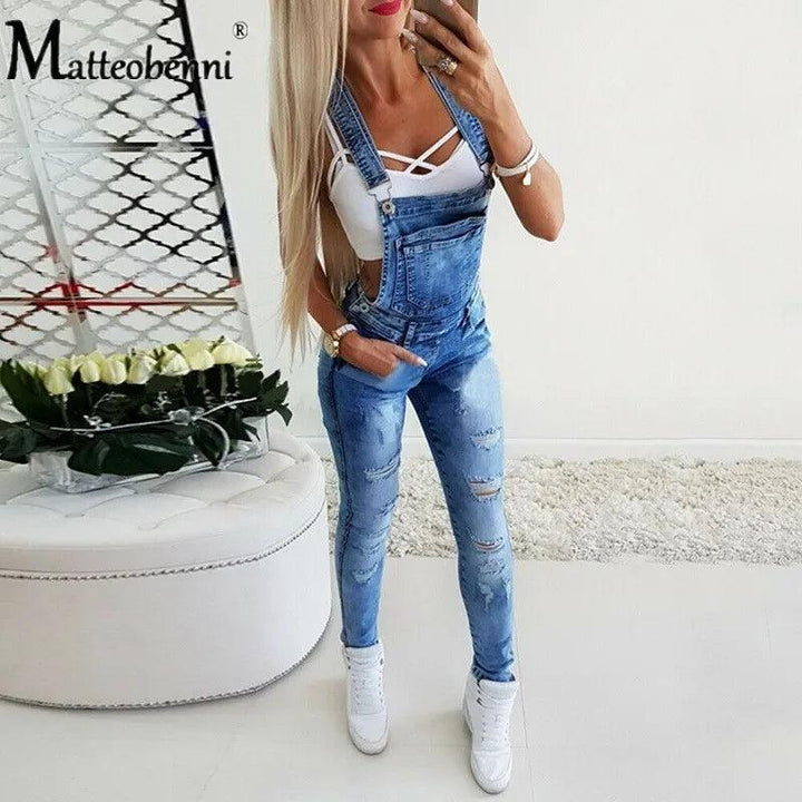 2020 Women's Fashion Pocket Decor Ripped Denim Bib Casual Overalls One Piece Skinny Leg Distressed Jeans Jumpsuits Autumn Wear-THAT FASHION STORE